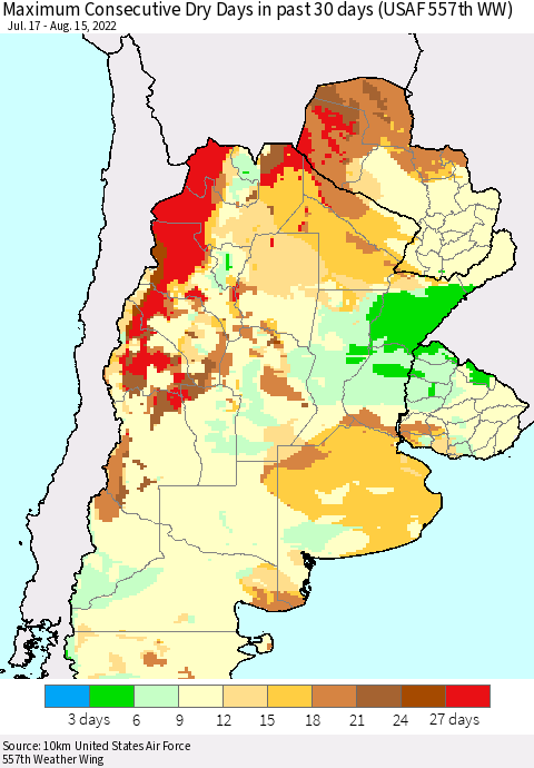 Southern South America Maximum Consecutive Dry Days in past 30 days (USAF 557th WW) 08/15/2022 Thematic Map For 8/11/2022 - 8/15/2022