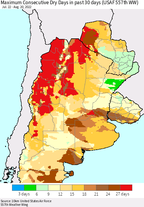 Southern South America Maximum Consecutive Dry Days in past 30 days (USAF 557th WW) 08/20/2022 Thematic Map For 8/16/2022 - 8/20/2022