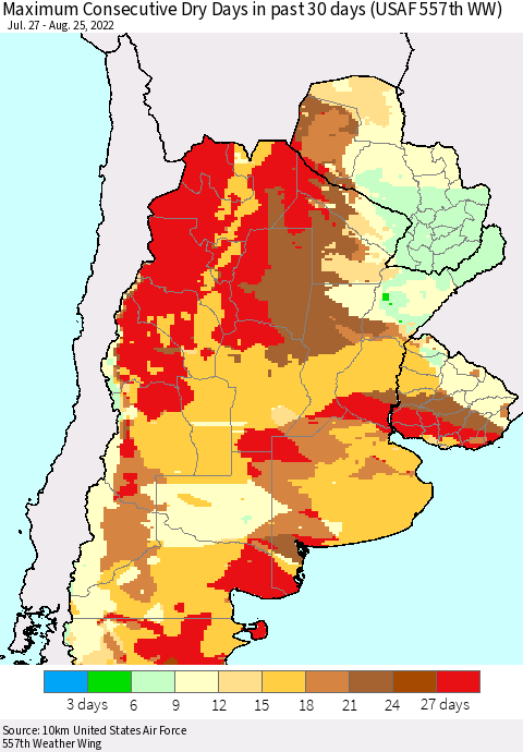 Southern South America Maximum Consecutive Dry Days in past 30 days (USAF 557th WW) 08/25/2022 Thematic Map For 8/21/2022 - 8/25/2022
