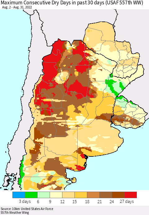Southern South America Maximum Consecutive Dry Days in past 30 days (USAF 557th WW) 08/31/2022 Thematic Map For 8/26/2022 - 8/31/2022