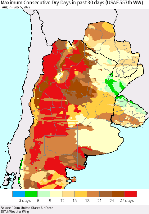 Southern South America Maximum Consecutive Dry Days in past 30 days (USAF 557th WW) 09/05/2022 Thematic Map For 9/1/2022 - 9/5/2022
