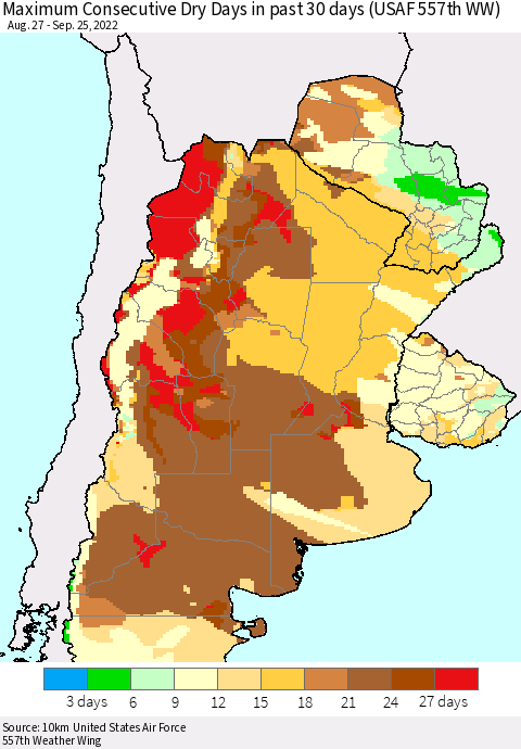 Southern South America Maximum Consecutive Dry Days in past 30 days (USAF 557th WW) 09/25/2022 Thematic Map For 9/21/2022 - 9/25/2022