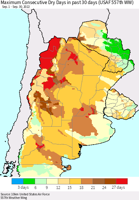Southern South America Maximum Consecutive Dry Days in past 30 days (USAF 557th WW) 09/30/2022 Thematic Map For 9/26/2022 - 9/30/2022