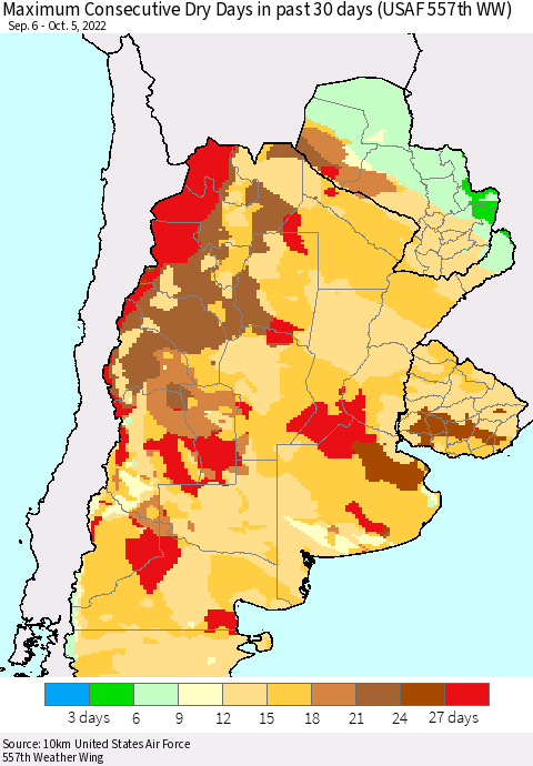 Southern South America Maximum Consecutive Dry Days in past 30 days (USAF 557th WW) 10/05/2022 Thematic Map For 10/1/2022 - 10/5/2022