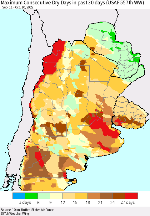 Southern South America Maximum Consecutive Dry Days in past 30 days (USAF 557th WW) 10/10/2022 Thematic Map For 10/6/2022 - 10/10/2022