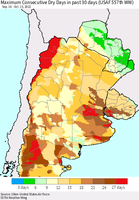 Southern South America Maximum Consecutive Dry Days in past 30 days (USAF 557th WW) 10/15/2022 Thematic Map For 10/11/2022 - 10/15/2022
