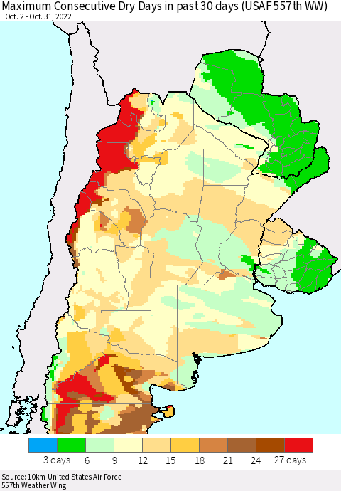 Southern South America Maximum Consecutive Dry Days in past 30 days (USAF 557th WW) 10/31/2022 Thematic Map For 10/26/2022 - 10/31/2022