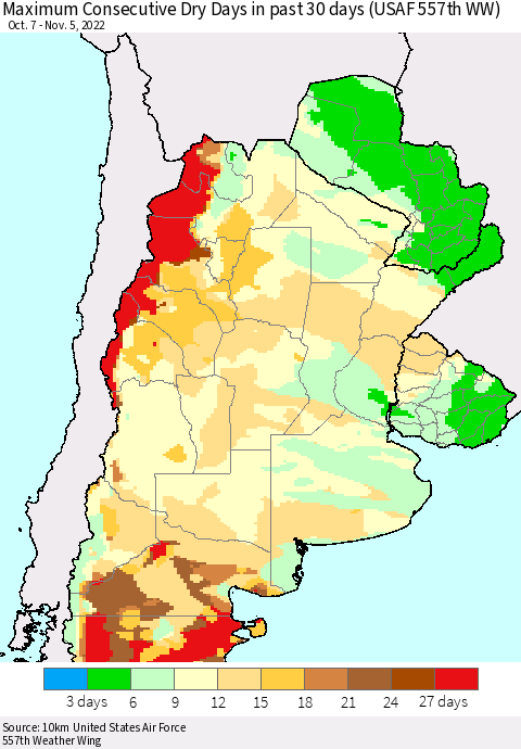 Southern South America Maximum Consecutive Dry Days in past 30 days (USAF 557th WW) 11/05/2022 Thematic Map For 11/1/2022 - 11/5/2022