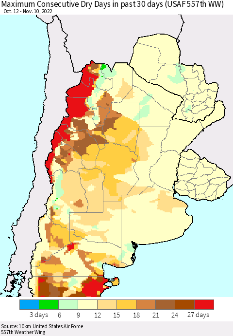 Southern South America Maximum Consecutive Dry Days in past 30 days (USAF 557th WW) 11/10/2022 Thematic Map For 11/6/2022 - 11/10/2022