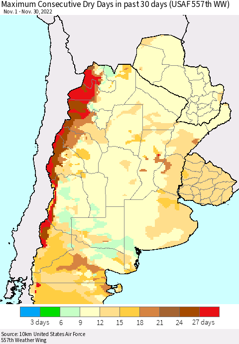 Southern South America Maximum Consecutive Dry Days in past 30 days (USAF 557th WW) 11/30/2022 Thematic Map For 11/26/2022 - 11/30/2022