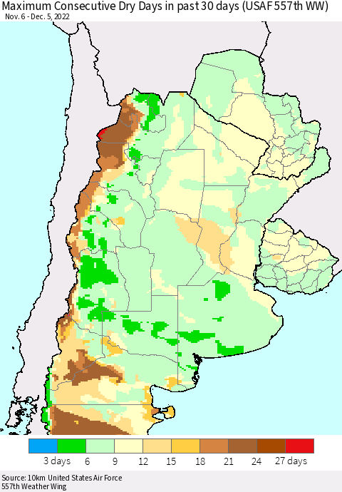 Southern South America Maximum Consecutive Dry Days in past 30 days (USAF 557th WW) 12/05/2022 Thematic Map For 12/1/2022 - 12/5/2022