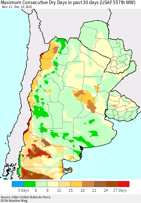Southern South America Maximum Consecutive Dry Days in past 30 days (USAF 557th WW) 12/10/2022 Thematic Map For 12/6/2022 - 12/10/2022