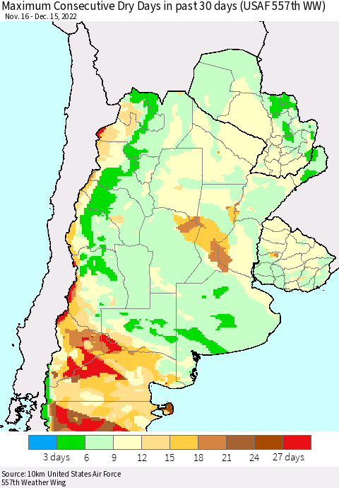 Southern South America Maximum Consecutive Dry Days in past 30 days (USAF 557th WW) 12/15/2022 Thematic Map For 12/11/2022 - 12/15/2022