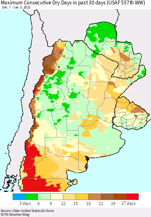 Southern South America Maximum Consecutive Dry Days in past 30 days (USAF 557th WW) 01/05/2023 Thematic Map For 1/1/2023 - 1/5/2023