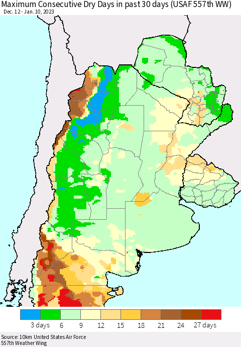Southern South America Maximum Consecutive Dry Days in past 30 days (USAF 557th WW) 01/10/2023 Thematic Map For 1/6/2023 - 1/10/2023