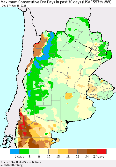 Southern South America Maximum Consecutive Dry Days in past 30 days (USAF 557th WW) 01/15/2023 Thematic Map For 1/11/2023 - 1/15/2023