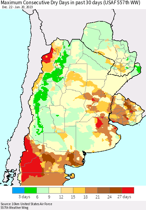 Southern South America Maximum Consecutive Dry Days in past 30 days (USAF 557th WW) 01/20/2023 Thematic Map For 1/16/2023 - 1/20/2023