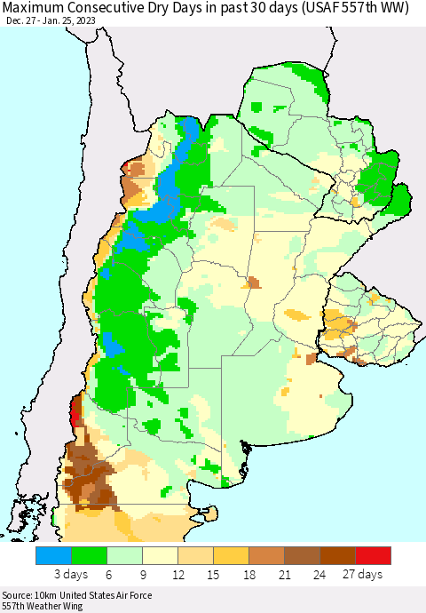 Southern South America Maximum Consecutive Dry Days in past 30 days (USAF 557th WW) 01/25/2023 Thematic Map For 1/21/2023 - 1/25/2023