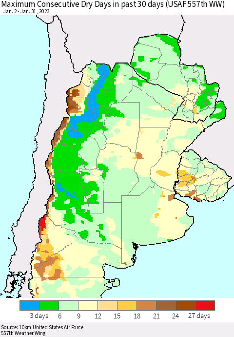 Southern South America Maximum Consecutive Dry Days in past 30 days (USAF 557th WW) 01/31/2023 Thematic Map For 1/26/2023 - 1/31/2023
