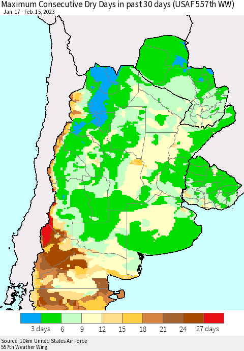 Southern South America Maximum Consecutive Dry Days in past 30 days (USAF 557th WW) 02/15/2023 Thematic Map For 2/11/2023 - 2/15/2023