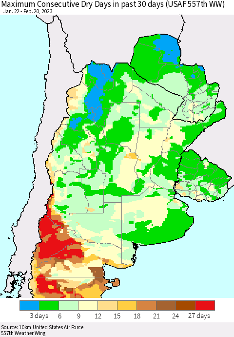 Southern South America Maximum Consecutive Dry Days in past 30 days (USAF 557th WW) 02/20/2023 Thematic Map For 2/16/2023 - 2/20/2023