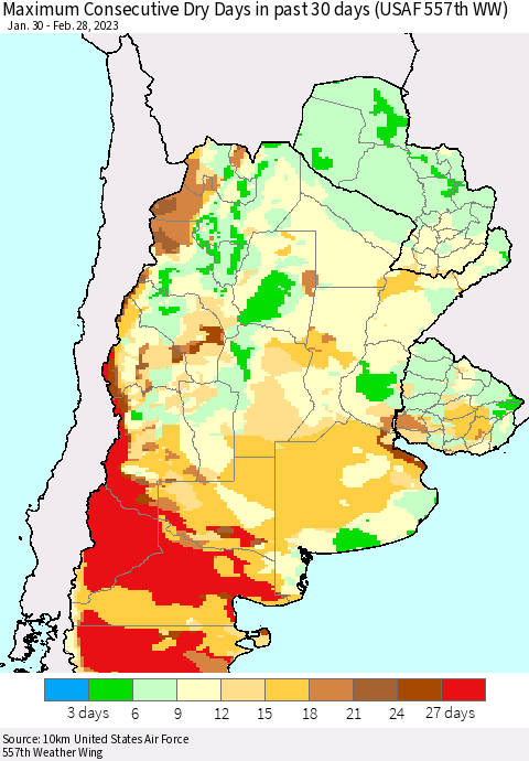 Southern South America Maximum Consecutive Dry Days in past 30 days (USAF 557th WW) 02/28/2023 Thematic Map For 2/26/2023 - 2/28/2023