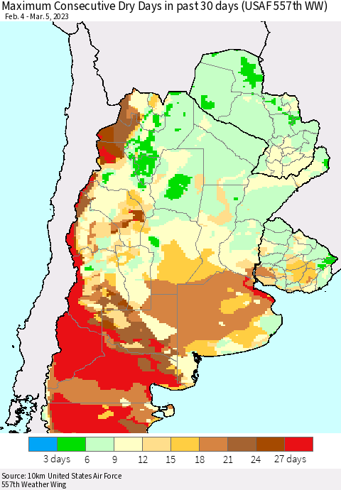 Southern South America Maximum Consecutive Dry Days in past 30 days (USAF 557th WW) 03/05/2023 Thematic Map For 3/1/2023 - 3/5/2023