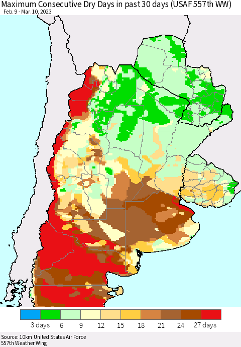 Southern South America Maximum Consecutive Dry Days in past 30 days (USAF 557th WW) 03/10/2023 Thematic Map For 3/6/2023 - 3/10/2023