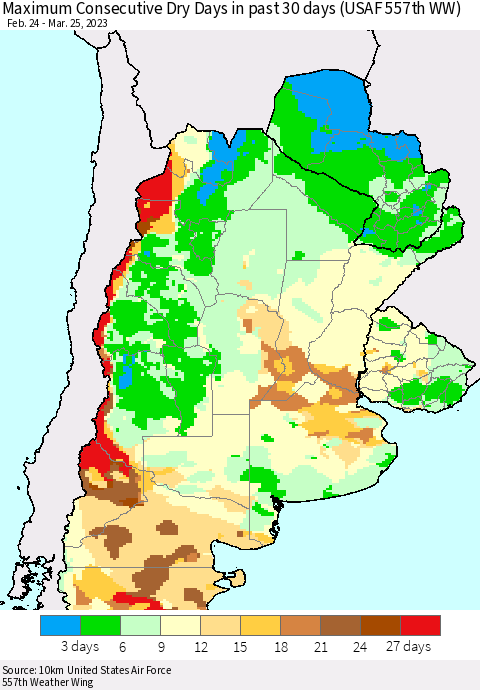 Southern South America Maximum Consecutive Dry Days in past 30 days (USAF 557th WW) 03/25/2023 Thematic Map For 3/21/2023 - 3/25/2023