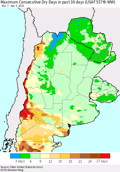 Southern South America Maximum Consecutive Dry Days in past 30 days (USAF 557th WW) 04/05/2023 Thematic Map For 4/1/2023 - 4/5/2023
