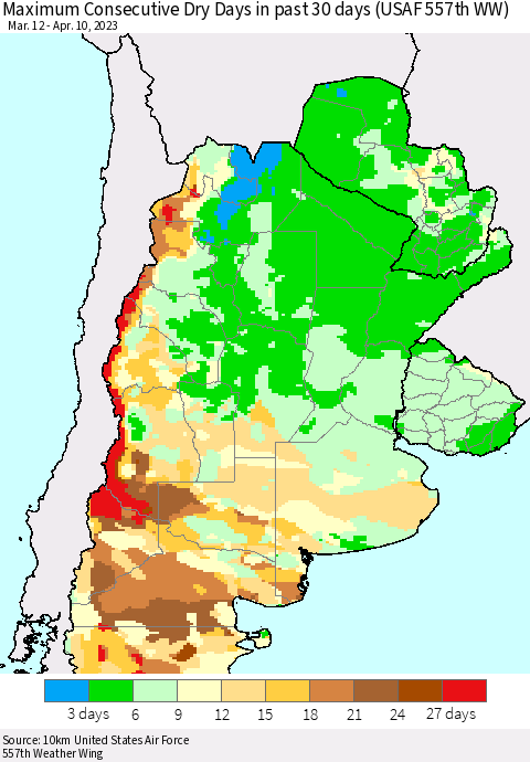 Southern South America Maximum Consecutive Dry Days in past 30 days (USAF 557th WW) 04/10/2023 Thematic Map For 4/6/2023 - 4/10/2023