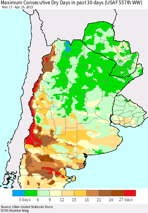 Southern South America Maximum Consecutive Dry Days in past 30 days (USAF 557th WW) 04/15/2023 Thematic Map For 4/11/2023 - 4/15/2023