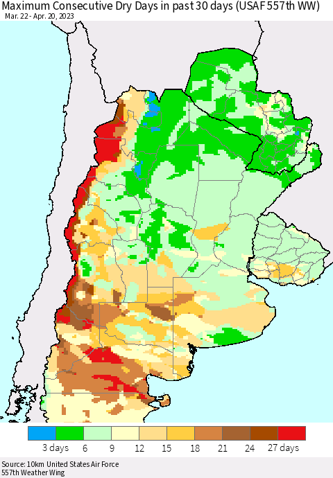 Southern South America Maximum Consecutive Dry Days in past 30 days (USAF 557th WW) 04/20/2023 Thematic Map For 4/16/2023 - 4/20/2023