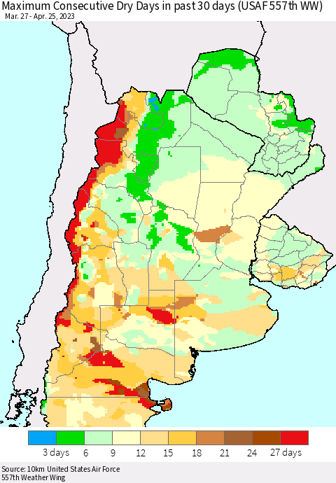 Southern South America Maximum Consecutive Dry Days in past 30 days (USAF 557th WW) 04/25/2023 Thematic Map For 4/21/2023 - 4/25/2023