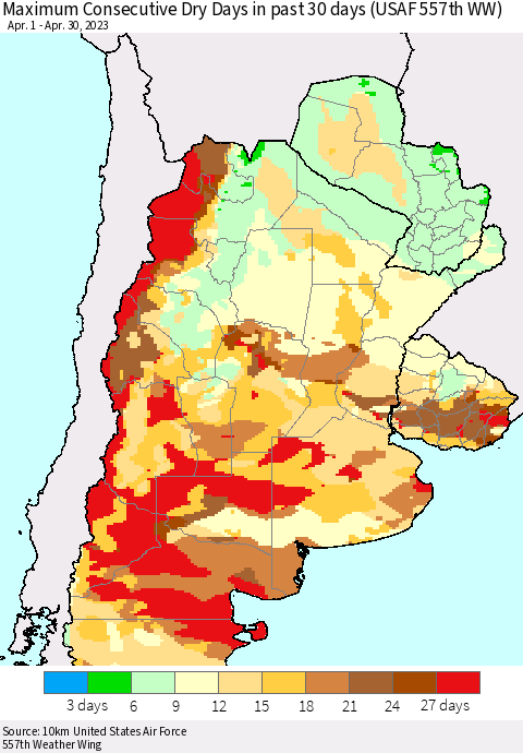 Southern South America Maximum Consecutive Dry Days in past 30 days (USAF 557th WW) 04/30/2023 Thematic Map For 4/26/2023 - 4/30/2023