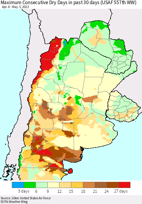 Southern South America Maximum Consecutive Dry Days in past 30 days (USAF 557th WW) 05/05/2023 Thematic Map For 5/1/2023 - 5/5/2023