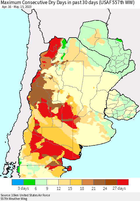 Southern South America Maximum Consecutive Dry Days in past 30 days (USAF 557th WW) 05/15/2023 Thematic Map For 5/11/2023 - 5/15/2023
