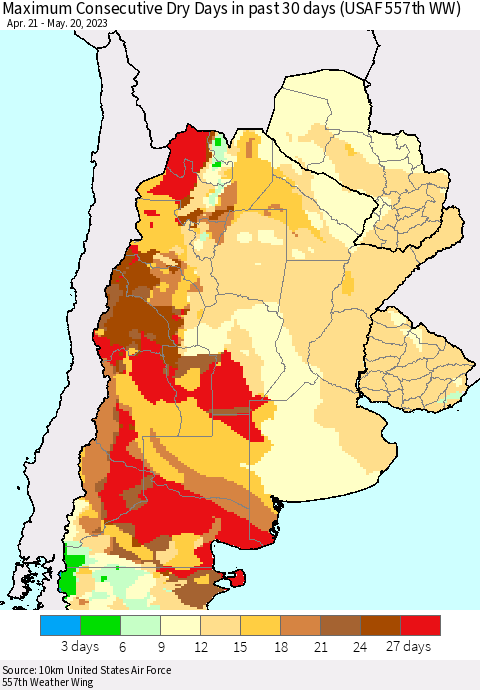 Southern South America Maximum Consecutive Dry Days in past 30 days (USAF 557th WW) 05/20/2023 Thematic Map For 5/16/2023 - 5/20/2023