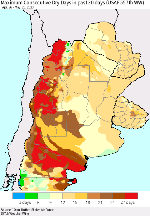 Southern South America Maximum Consecutive Dry Days in past 30 days (USAF 557th WW) 05/25/2023 Thematic Map For 5/21/2023 - 5/25/2023