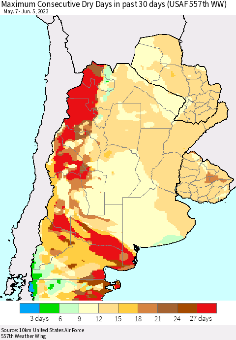 Southern South America Maximum Consecutive Dry Days in past 30 days (USAF 557th WW) 06/05/2023 Thematic Map For 6/1/2023 - 6/5/2023