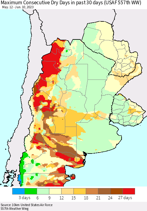 Southern South America Maximum Consecutive Dry Days in past 30 days (USAF 557th WW) 06/10/2023 Thematic Map For 6/6/2023 - 6/10/2023