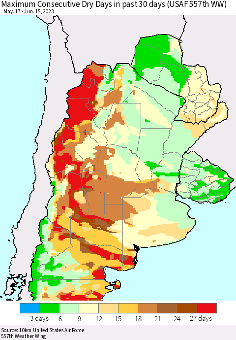 Southern South America Maximum Consecutive Dry Days in past 30 days (USAF 557th WW) 06/15/2023 Thematic Map For 6/11/2023 - 6/15/2023