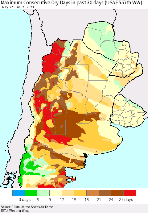 Southern South America Maximum Consecutive Dry Days in past 30 days (USAF 557th WW) 06/20/2023 Thematic Map For 6/16/2023 - 6/20/2023