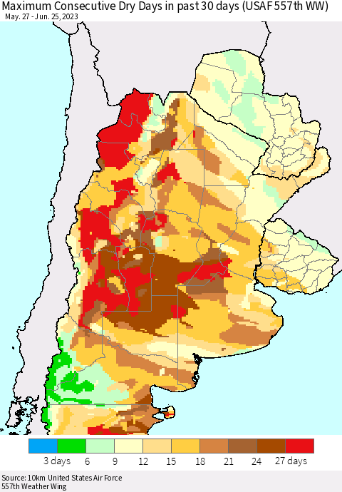 Southern South America Maximum Consecutive Dry Days in past 30 days (USAF 557th WW) 06/25/2023 Thematic Map For 6/21/2023 - 6/25/2023
