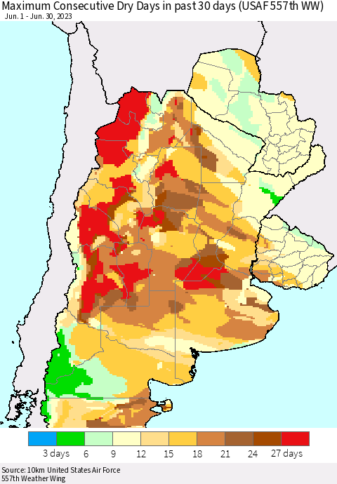Southern South America Maximum Consecutive Dry Days in past 30 days (USAF 557th WW) 06/30/2023 Thematic Map For 6/26/2023 - 6/30/2023