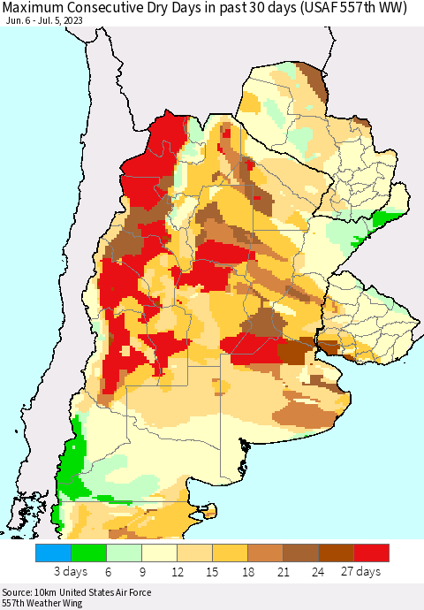 Southern South America Maximum Consecutive Dry Days in past 30 days (USAF 557th WW) 07/05/2023 Thematic Map For 7/1/2023 - 7/5/2023