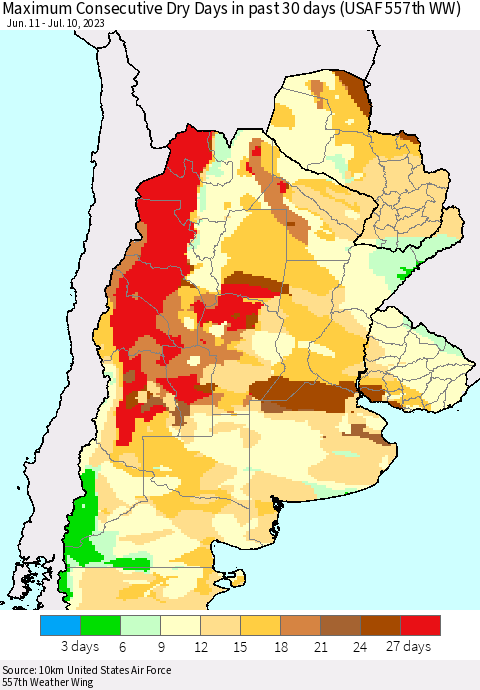 Southern South America Maximum Consecutive Dry Days in past 30 days (USAF 557th WW) 07/10/2023 Thematic Map For 7/6/2023 - 7/10/2023