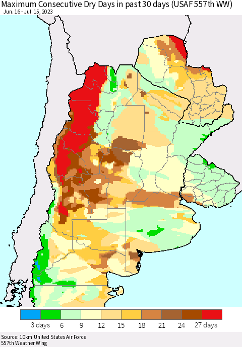 Southern South America Maximum Consecutive Dry Days in past 30 days (USAF 557th WW) 07/15/2023 Thematic Map For 7/11/2023 - 7/15/2023
