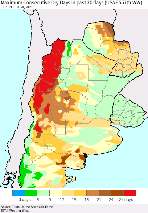 Southern South America Maximum Consecutive Dry Days in past 30 days (USAF 557th WW) 07/20/2023 Thematic Map For 7/16/2023 - 7/20/2023