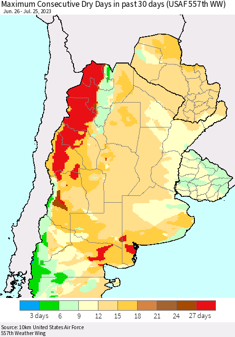 Southern South America Maximum Consecutive Dry Days in past 30 days (USAF 557th WW) 07/25/2023 Thematic Map For 7/21/2023 - 7/25/2023